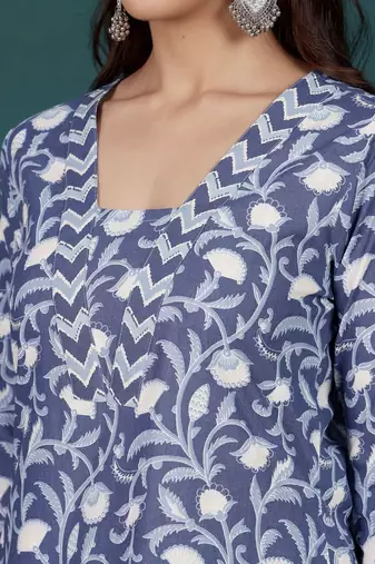 Floral Printed V-Neck Pure Cotton Straight Kurta With Trousers & Dupatta