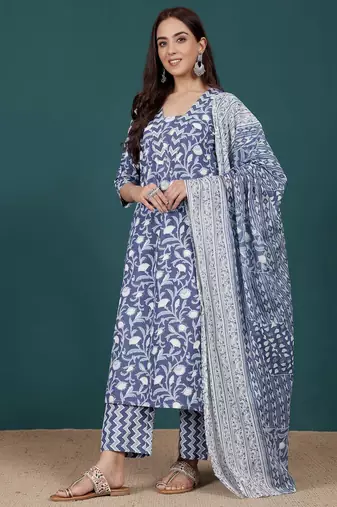 Floral Printed V-Neck Pure Cotton Straight Kurta With Trousers & Dupatta