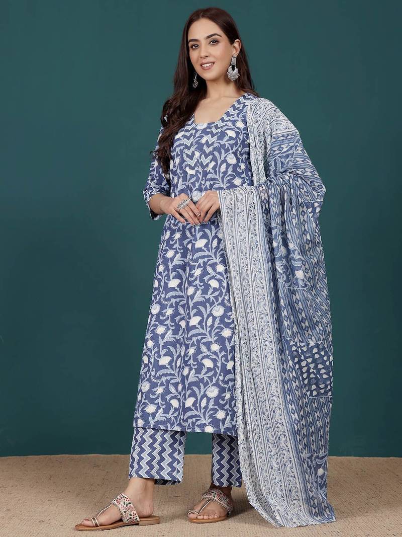 Floral Printed V-Neck Pure Cotton Straight Kurta With Trousers & Dupatta