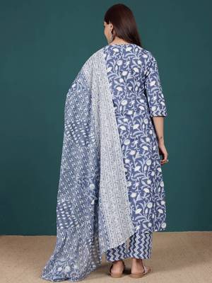 Floral Printed V-Neck Pure Cotton Straight Kurta With Trousers & Dupatta 7