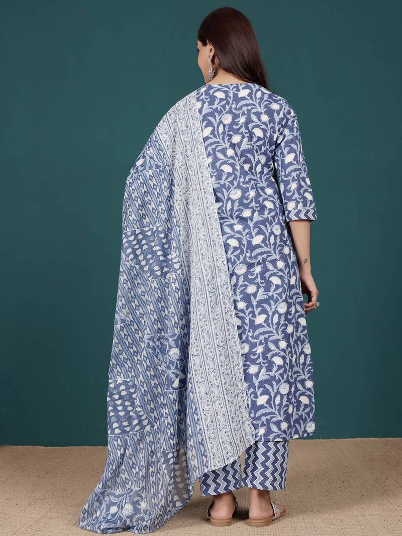 Floral Printed V-Neck Pure Cotton Straight Kurta With Trousers & Dupatta