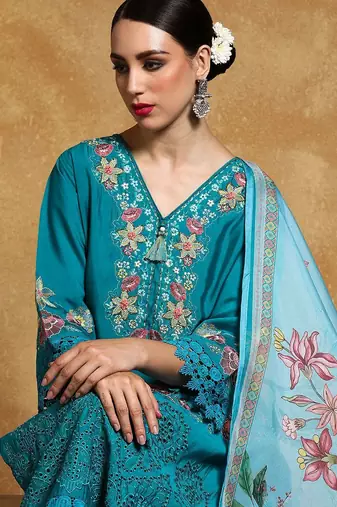 Women Floral Embroidered Regular Thread Work Pure Cotton Kurta with Trousers & With Dupatta