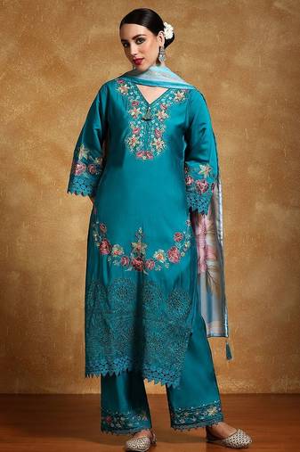 Women Floral Embroidered Regular Thread Work Pure Cotton Kurta with Trousers & With Dupatta