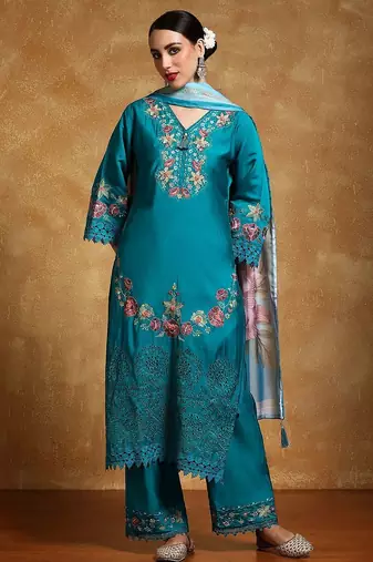 Women Floral Embroidered Regular Thread Work Pure Cotton Kurta with Trousers & With Dupatta