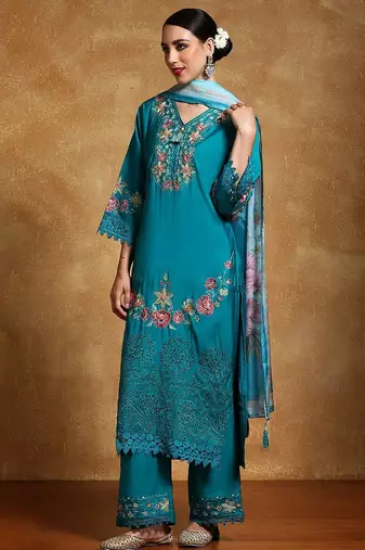 Women Floral Embroidered Regular Thread Work Pure Cotton Kurta with Trousers & With Dupatta