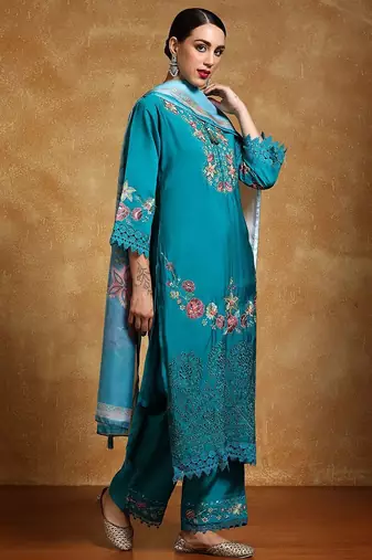 Women Floral Embroidered Regular Thread Work Pure Cotton Kurta with Trousers & With Dupatta