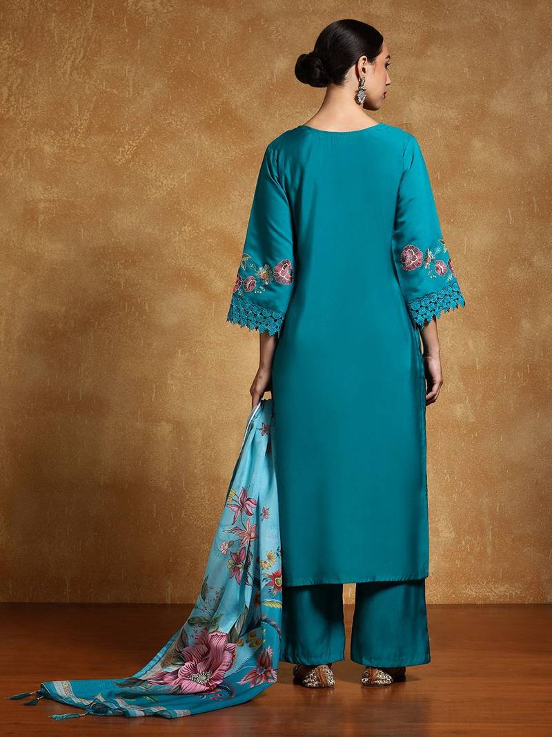 Women Floral Embroidered Regular Thread Work Pure Cotton Kurta with Trousers & With Dupatta