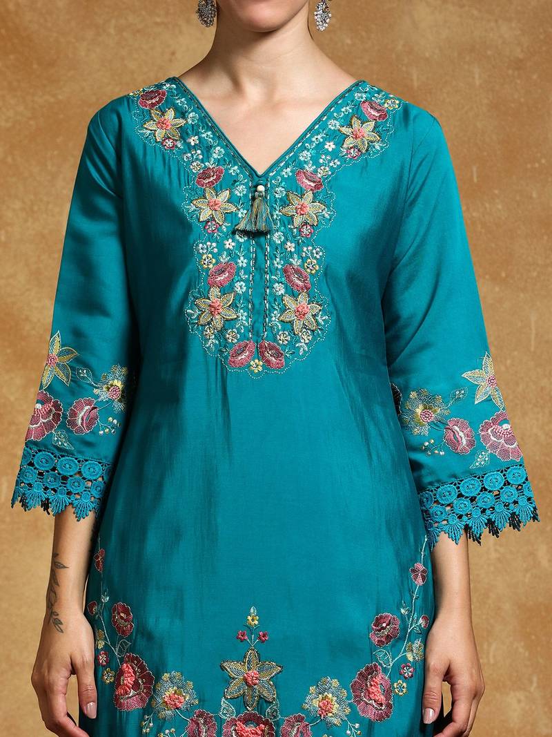 Women Floral Embroidered Regular Thread Work Pure Cotton Kurta with Trousers & With Dupatta