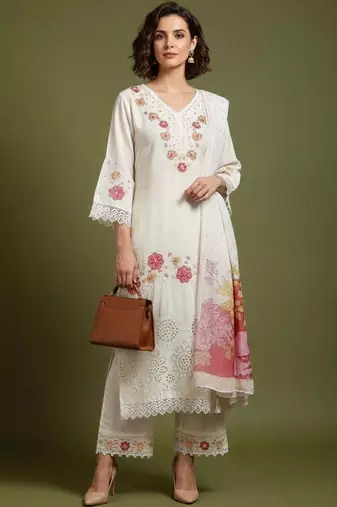 Women Floral Embroidered Regular Thread Work Pure Cotton Kurta with Trousers & With Dupatta