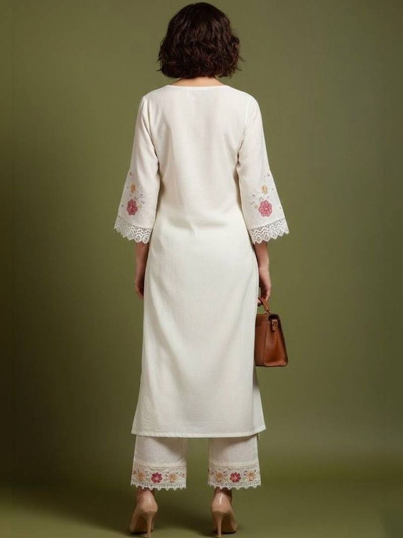 Women Floral Embroidered Regular Thread Work Pure Cotton Kurta with Trousers & With Dupatta