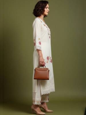 Women Floral Embroidered Regular Thread Work Pure Cotton Kurta with Trousers & With Dupatta 3