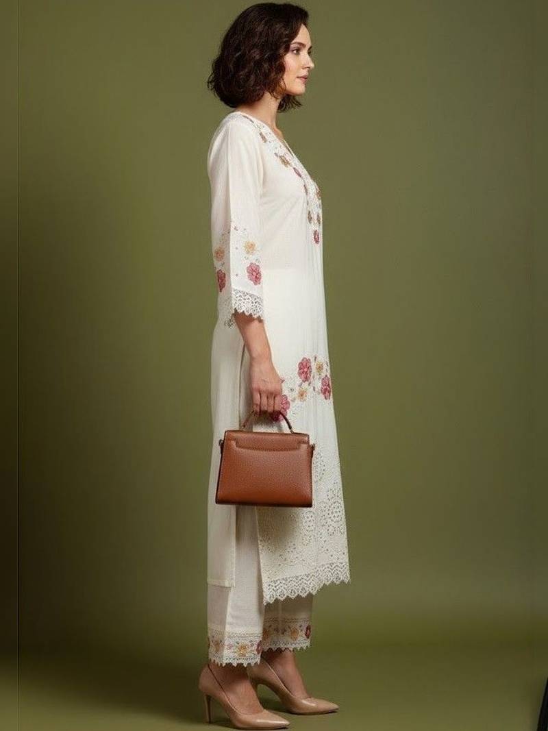 Women Floral Embroidered Regular Thread Work Pure Cotton Kurta with Trousers & With Dupatta