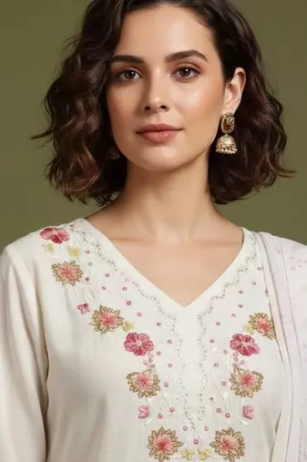 Women Floral Embroidered Regular Thread Work Pure Cotton Kurta with Trousers & With Dupatta