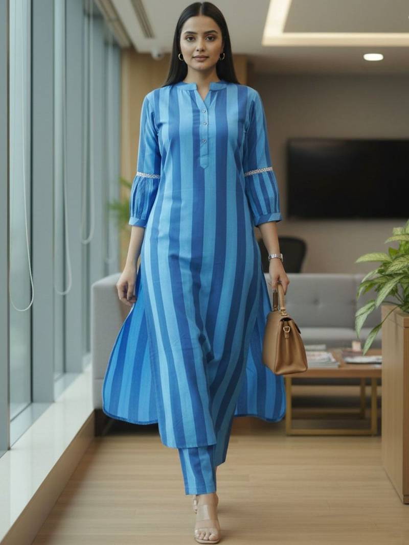 Women Striped Regular Kurta with Trousers