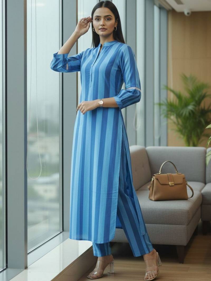 Women Striped Regular Kurta with Trousers