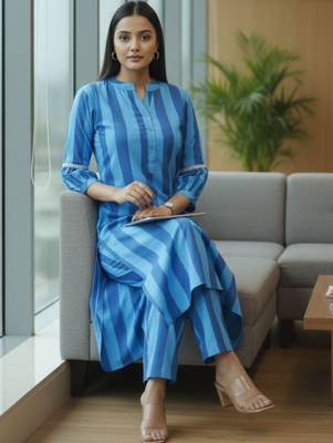 Women Striped Regular Kurta with Trousers 7