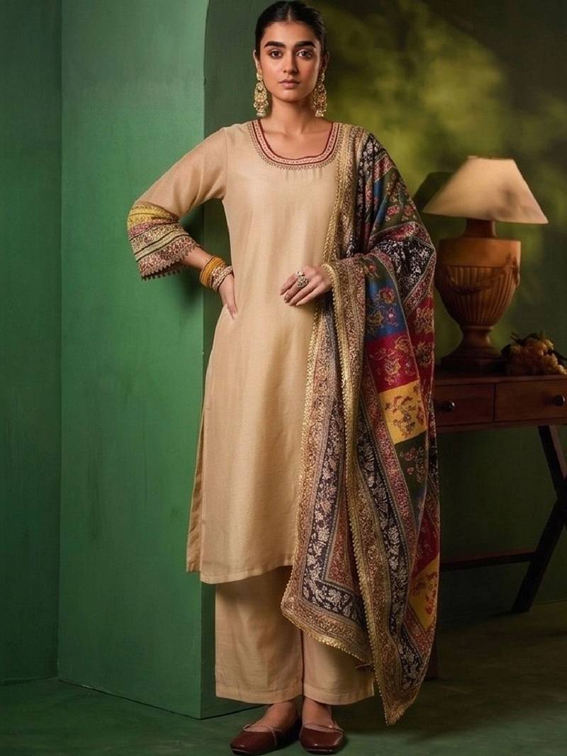 Women Ethnic Motifs Regular Thread Work Kurta with Palazzos & With Dupatta