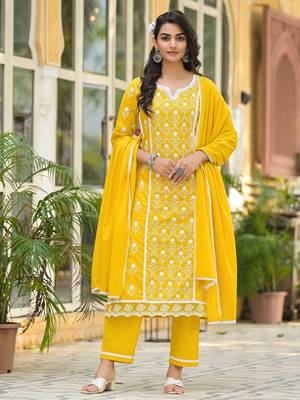Floral Embroidered Notch Neck Pure Cotton Kurta With Trousers & Dupatta 1
