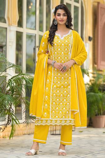 Floral Embroidered Notch Neck Pure Cotton Kurta With Trousers & Dupatta