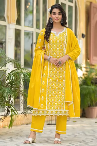 Floral Embroidered Notch Neck Pure Cotton Kurta With Trousers & Dupatta