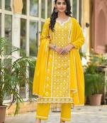 Floral Embroidered Notch Neck Pure Cotton Kurta With Trousers & Dupatta