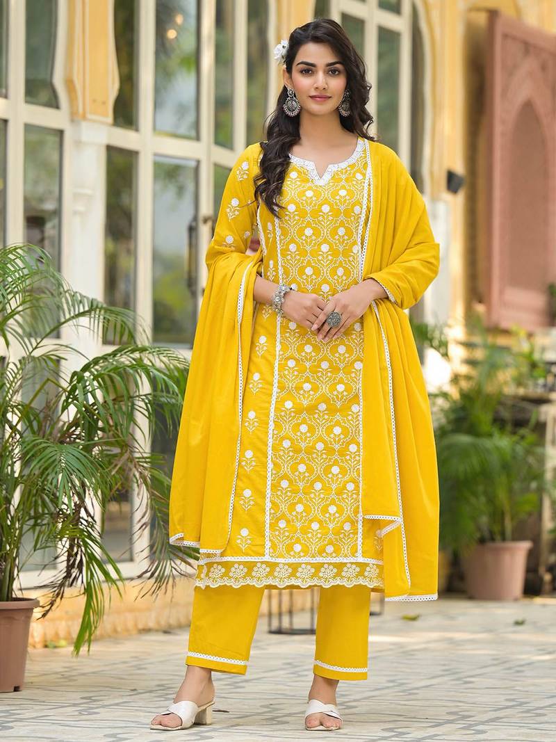 Floral Embroidered Notch Neck Pure Cotton Kurta With Trousers & Dupatta