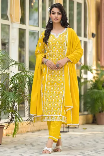 Floral Embroidered Notch Neck Pure Cotton Kurta With Trousers & Dupatta