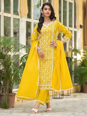 Floral Embroidered Notch Neck Pure Cotton Kurta With Trousers & Dupatta 6