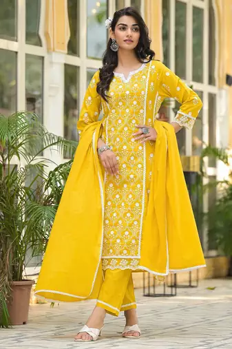 Floral Embroidered Notch Neck Pure Cotton Kurta With Trousers & Dupatta