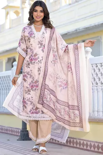 Floral Printed Mirror Work Pure Cotton Straight Kurta with Trousers & Dupatta