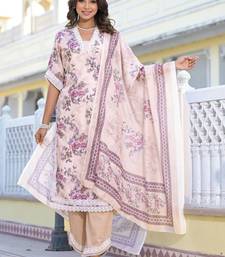 Floral Printed Mirror Work Pure Cotton Straight Kurta with Trousers & Dupatta
