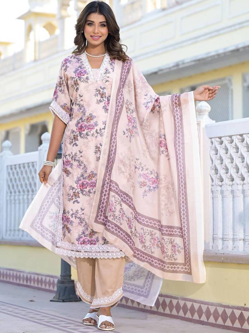 Floral Printed Mirror Work Pure Cotton Straight Kurta with Trousers & Dupatta