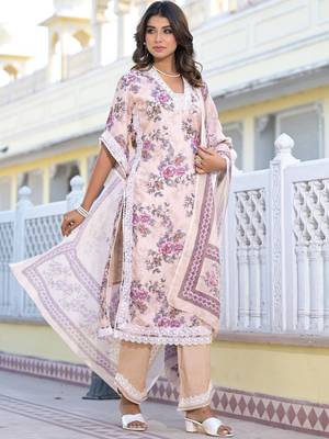 Floral Printed Mirror Work Pure Cotton Straight Kurta with Trousers & Dupatta 1