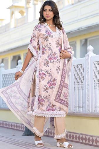 Floral Printed Mirror Work Pure Cotton Straight Kurta with Trousers & Dupatta