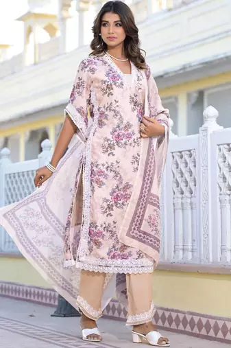 Floral Printed Mirror Work Pure Cotton Straight Kurta with Trousers & Dupatta