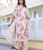 Floral Printed Mirror Work Pure Cotton Straight Kurta with Trousers & Dupatta