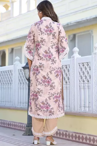 Floral Printed Mirror Work Pure Cotton Straight Kurta with Trousers & Dupatta