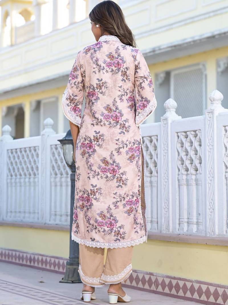Floral Printed Mirror Work Pure Cotton Straight Kurta with Trousers & Dupatta