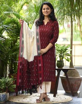 Beautiful maroon pochampally ikkat handloom cotton straight kurta set with dupatta 1