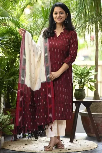 Beautiful maroon pochampally ikkat handloom cotton straight kurta set with dupatta