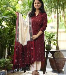 Beautiful maroon pochampally ikkat handloom cotton straight kurta set with dupatta