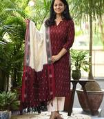 Beautiful maroon pochampally ikkat handloom cotton straight kurta set with dupatta