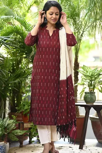Beautiful maroon pochampally ikkat handloom cotton straight kurta set with dupatta