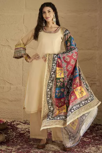 Yoke Design Round Neck Straight Kurta With Palazzos And Dupatta
