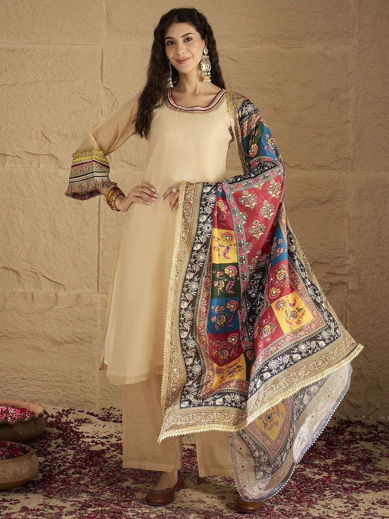 Yoke Design Round Neck Straight Kurta With Palazzos And Dupatta