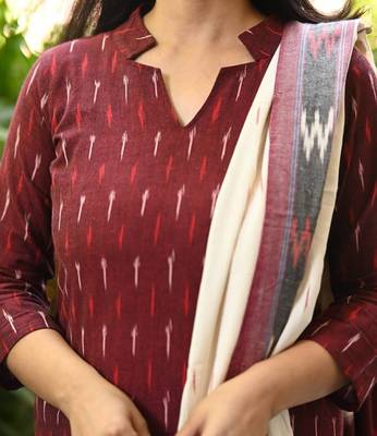 Beautiful maroon pochampally ikkat handloom cotton straight kurta set with dupatta 4