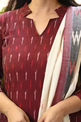 Beautiful maroon pochampally ikkat handloom cotton straight kurta set with dupatta