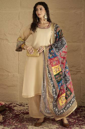 Yoke Design Round Neck Straight Kurta With Palazzos And Dupatta