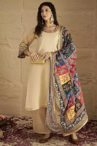 Yoke Design Round Neck Straight Kurta With Palazzos And Dupatta