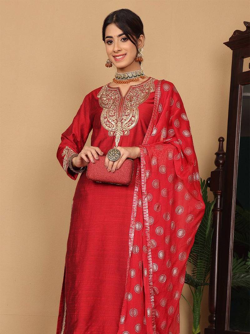 Maroon Paisley Embroidered Regular Sequinned Kurta With Trouser With Dupatta